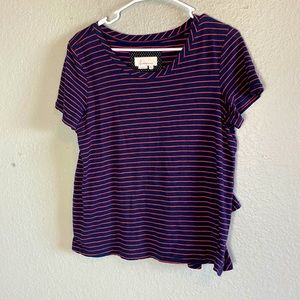 Anthropologie Navy Blue and Pink Striped Tee Shirt with ruffle Back.  size Med